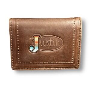 New Justin Brown Leather Card‎ Wallet RFID Bifold Logo Embossed Western Rodeo
